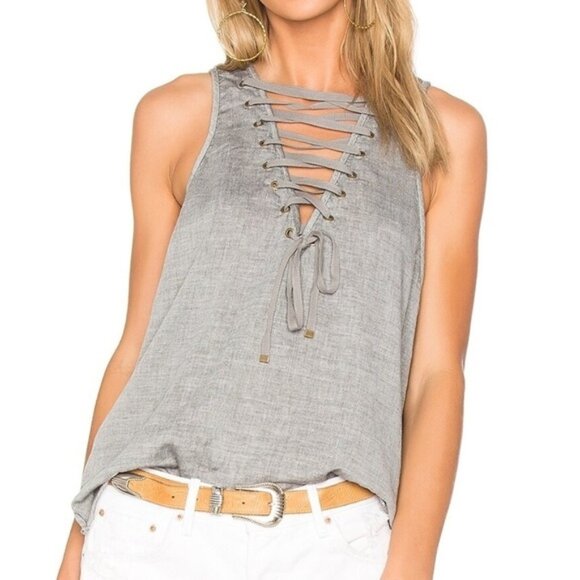 One Teaspoon Women’s Dirty work Tank Top Sleeveless Blouse Lace Up Gray - Picture 1 of 15